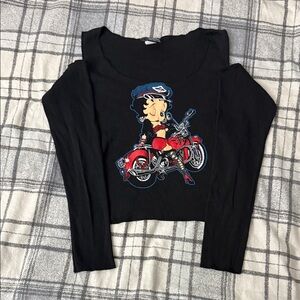 Black Long Sleeve Cold Shoulder Top with Betty Boop Print